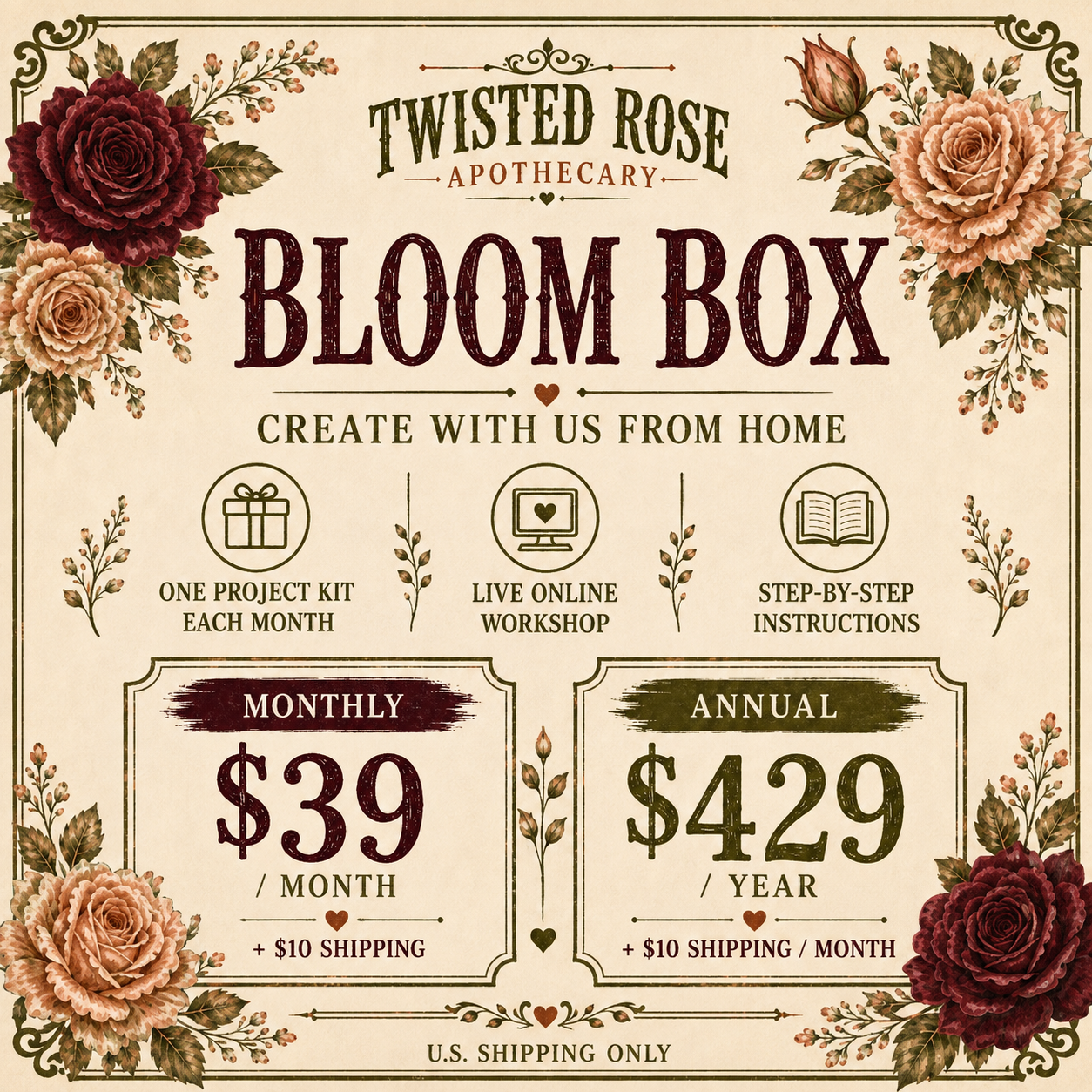 Bloom Box monthly and annual membership pricing with separate U.S. shipping charge