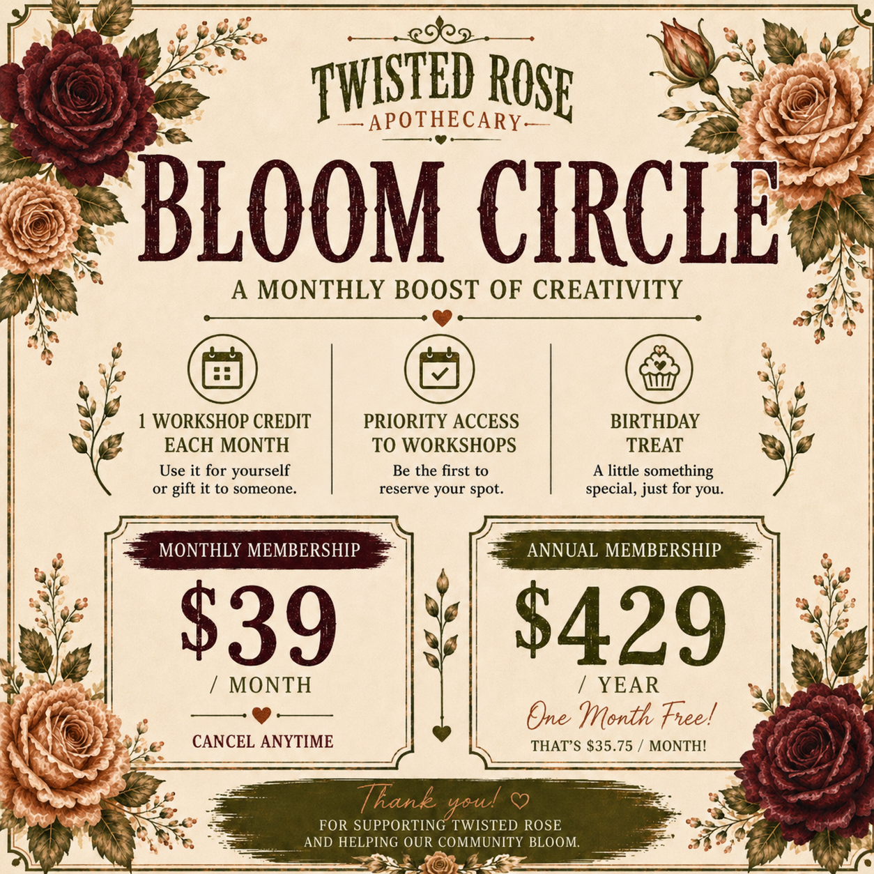 Twisted Rose Bloom Circle annual membership benefits and pricing