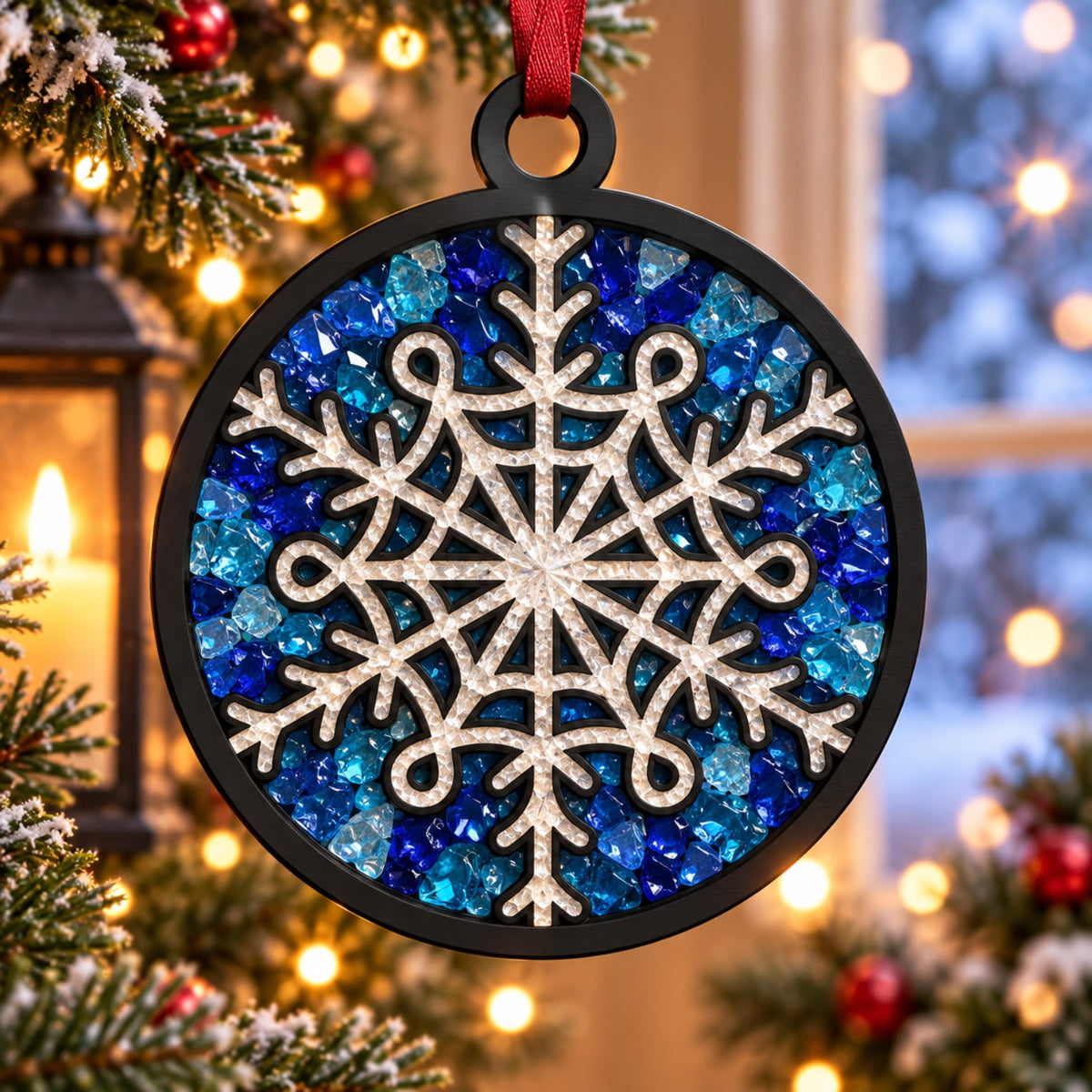 Blue Snowflake crushed glass suncatcher