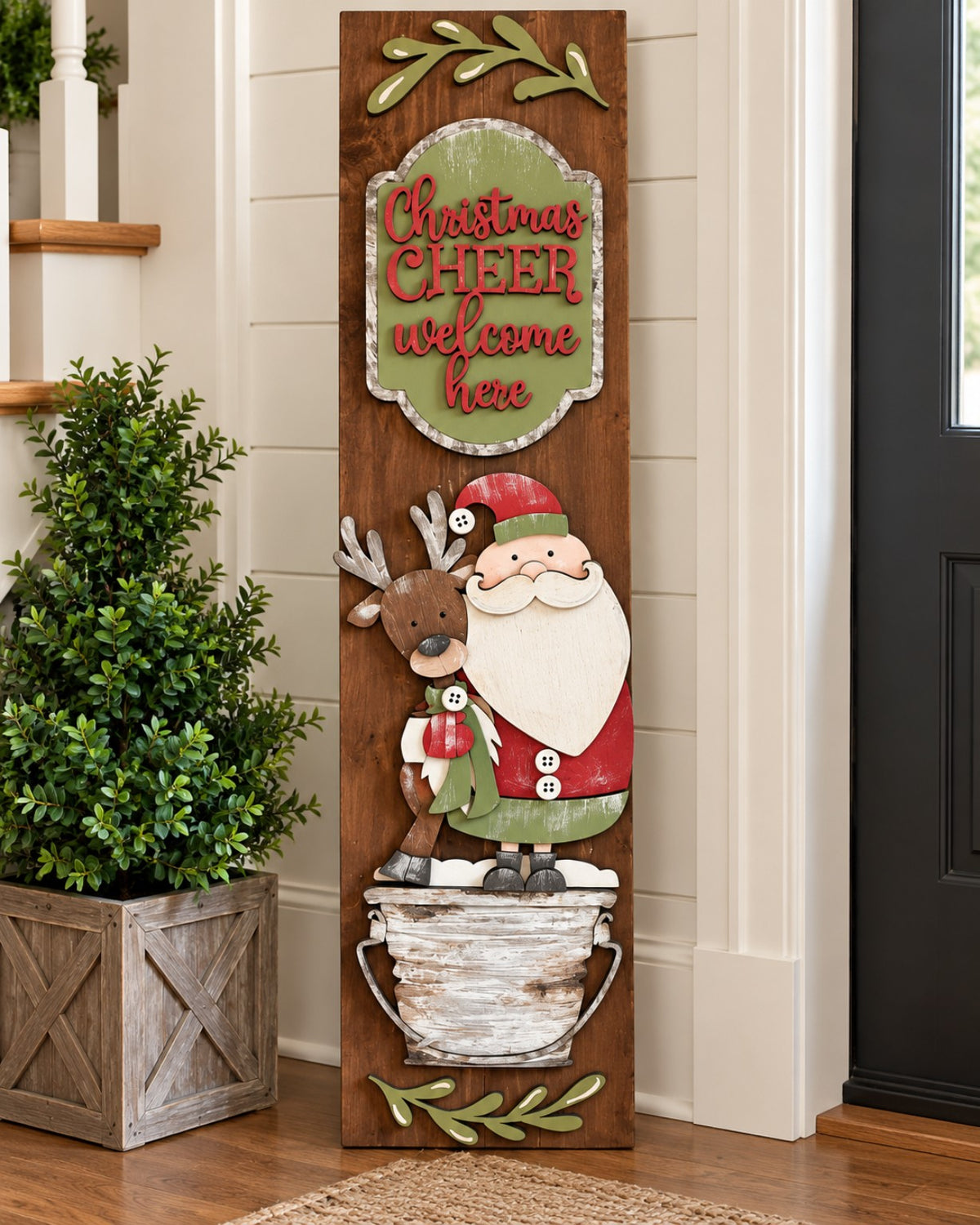 Christmas Cheer Santa and Reindeer porch leaner