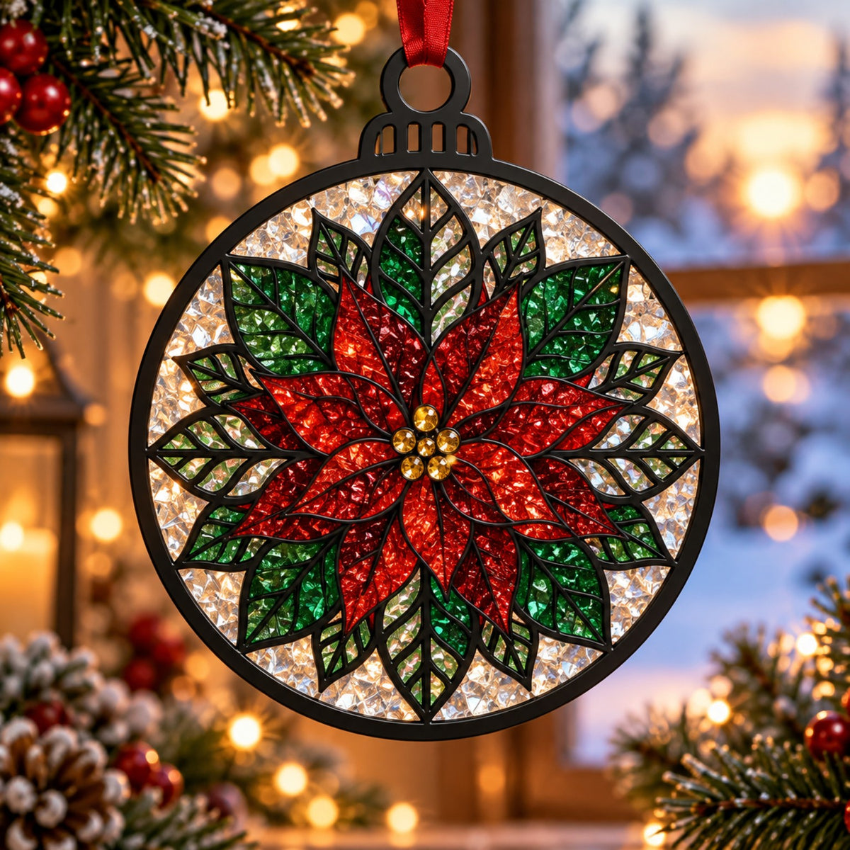 Christmas Poinsettia crushed glass suncatcher