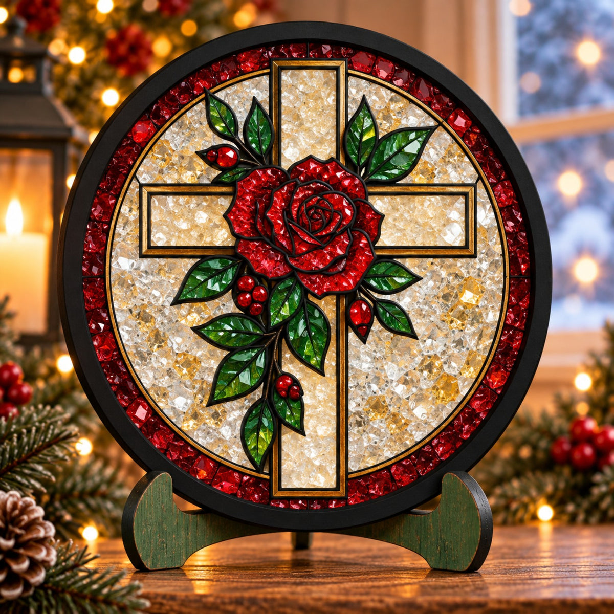Christmas Rose Cross crushed glass suncatcher