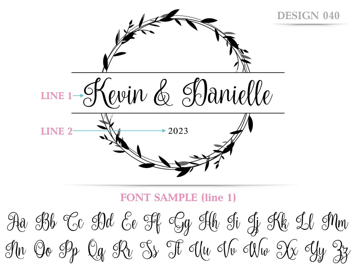 Personalized botanical wreath cutting board engraving design with names and year