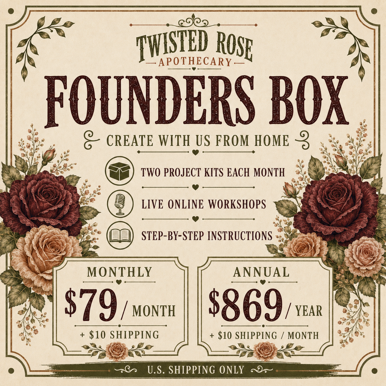 Founders Box monthly and annual membership pricing with separate U.S. shipping charge