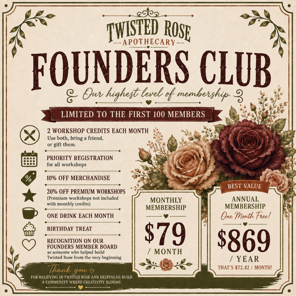 Twisted Rose Founders Club annual membership benefits and pricing