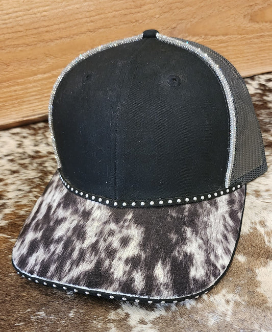 One-of-a-kind gray mesh snapback with cowhide-patterned bill and rhinestone accents