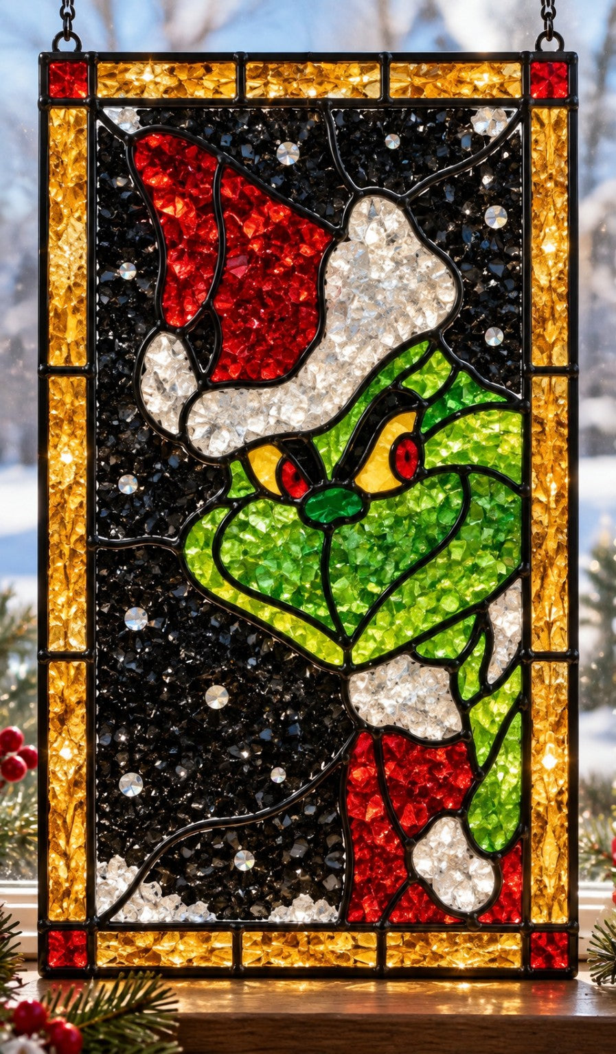 Grinch Santa Hat crushed glass suncatcher