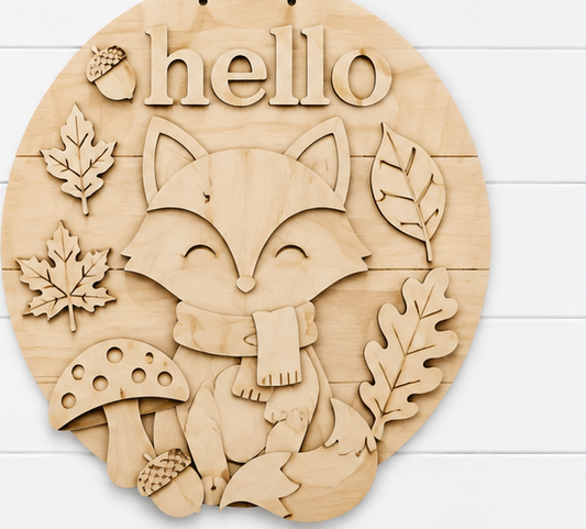 Hello Fox 14 inch unfinished DIY wooden sign on white paneling