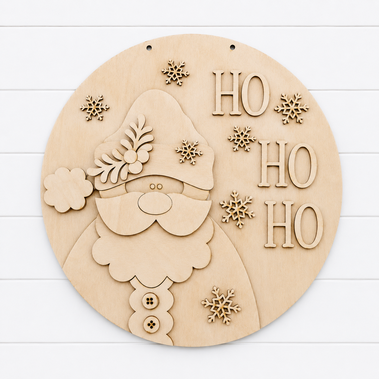 Ho Ho Ho Santa 14 inch unfinished DIY wooden sign on white paneling