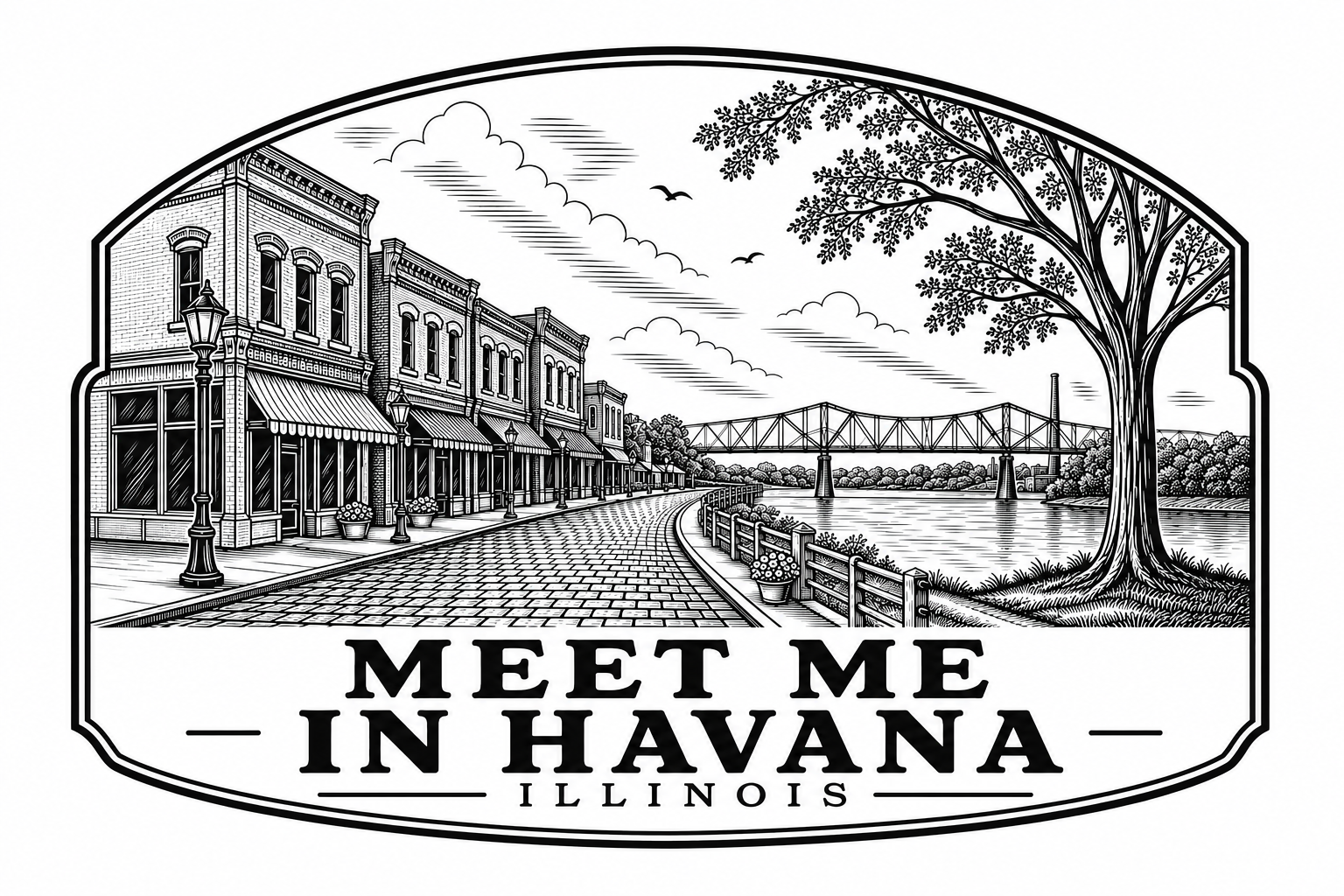 Meet Me in Havana Illinois artwork showing downtown, riverfront and bridge