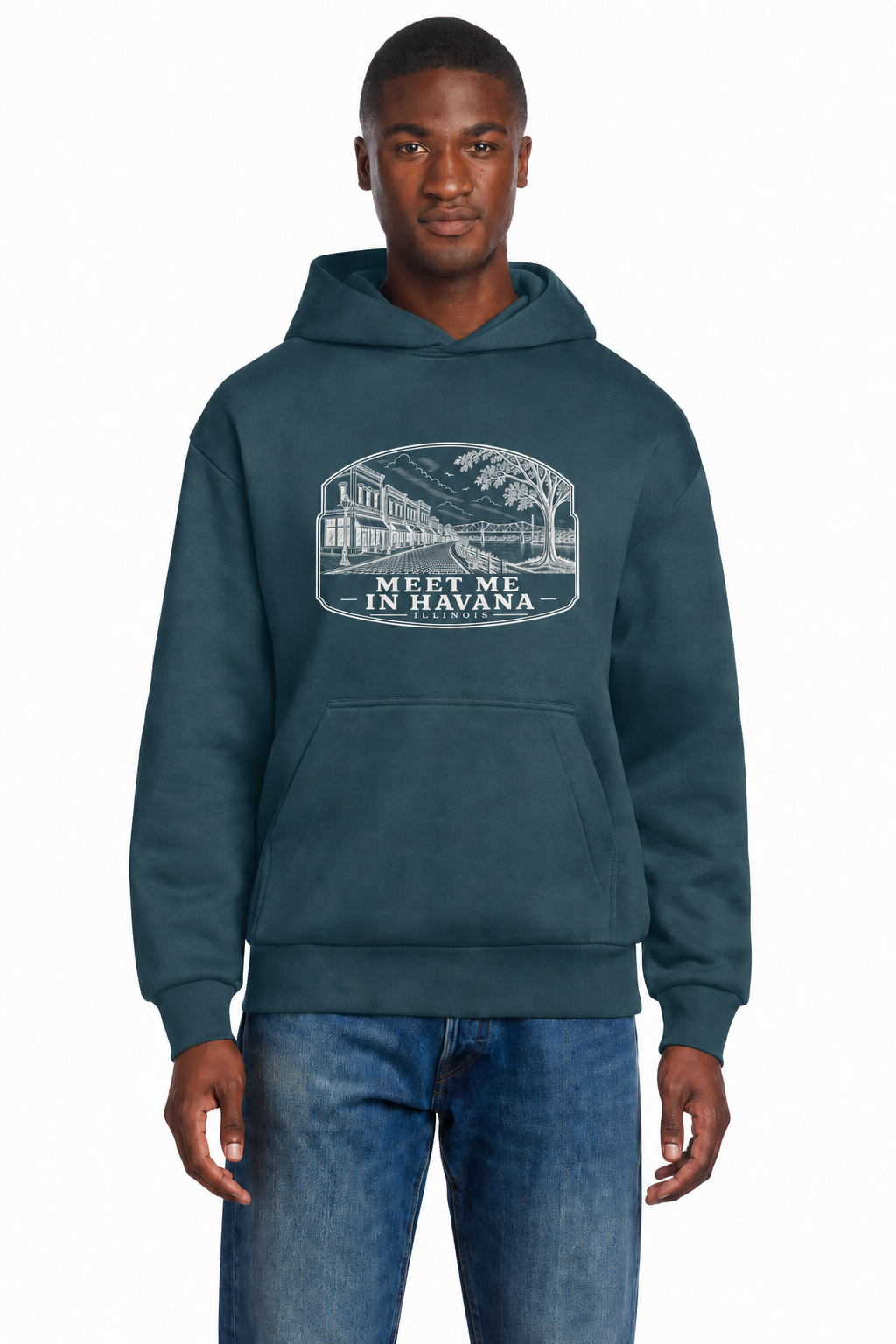Meet Me in Havana Illinois hoodie in Deep Cyan with smaller chest design