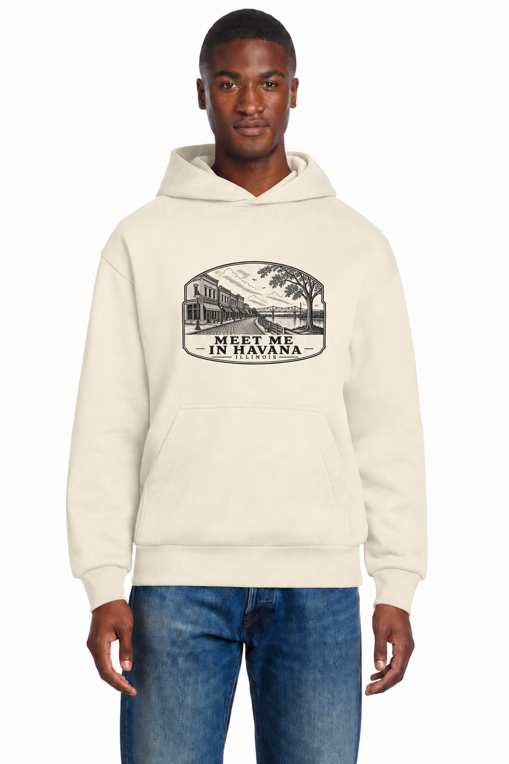 Meet Me in Havana Illinois hoodie in Greige with smaller chest design