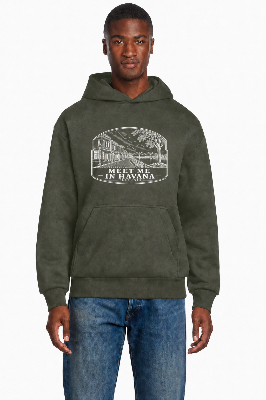 Meet Me in Havana Illinois hoodie in Olive with smaller chest design