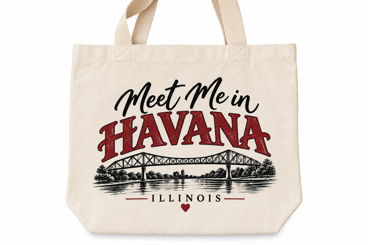 Meet Me in Havana Illinois gusseted natural linen tote bag, 15 by 15 by 5 inches