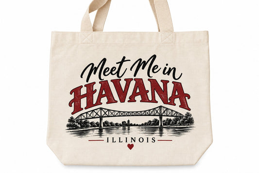 Meet Me in Havana Illinois gusseted natural linen tote bag, 15 by 15 by 5 inches