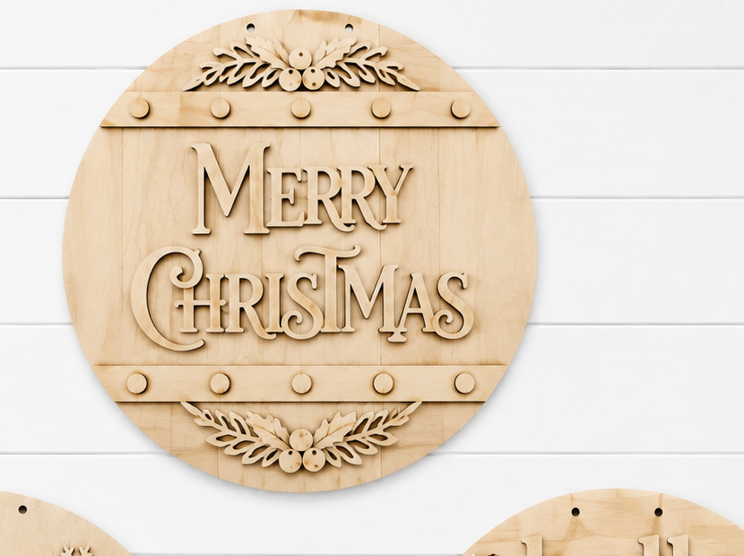 Merry Christmas 14 inch unfinished DIY wooden sign on white paneling