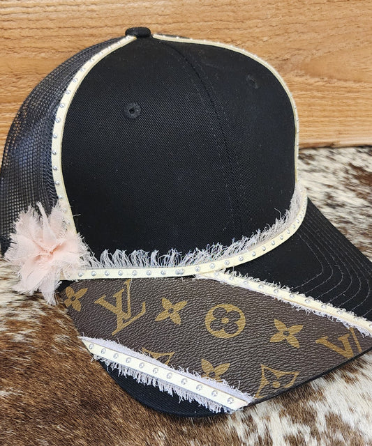 One-of-a-kind monogram and blush flower handcrafted snapback hat