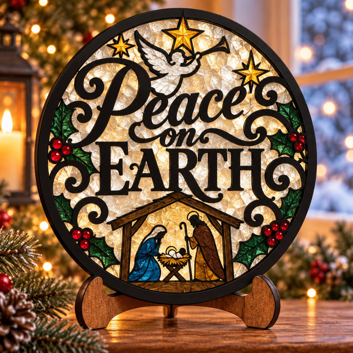 Peace on Earth Nativity crushed glass suncatcher