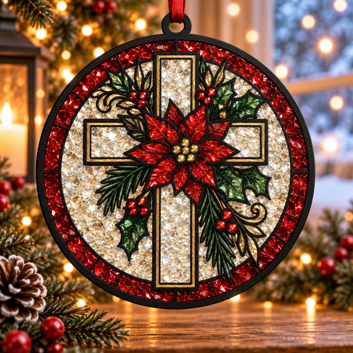 Poinsettia Cross crushed glass suncatcher