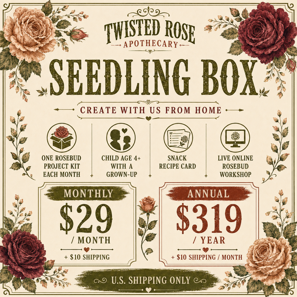 Seedling Box monthly and annual membership pricing with separate U.S. shipping charge