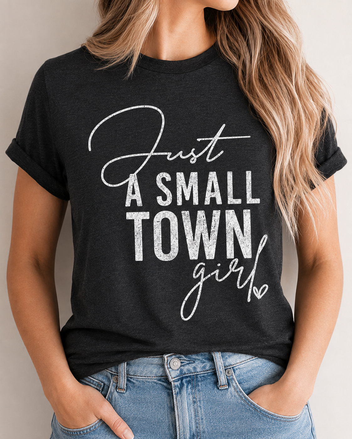 Just A Small Town Girl graphic T-shirt in Black Frost