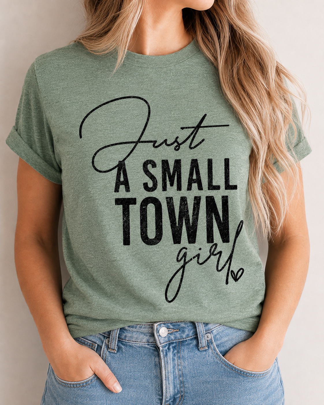 Just A Small Town Girl graphic T-shirt in Green Frost
