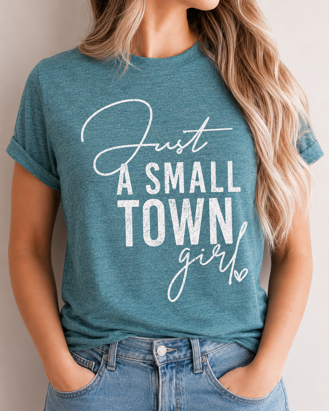 Just A Small Town Girl graphic T-shirt in Heathered Teal