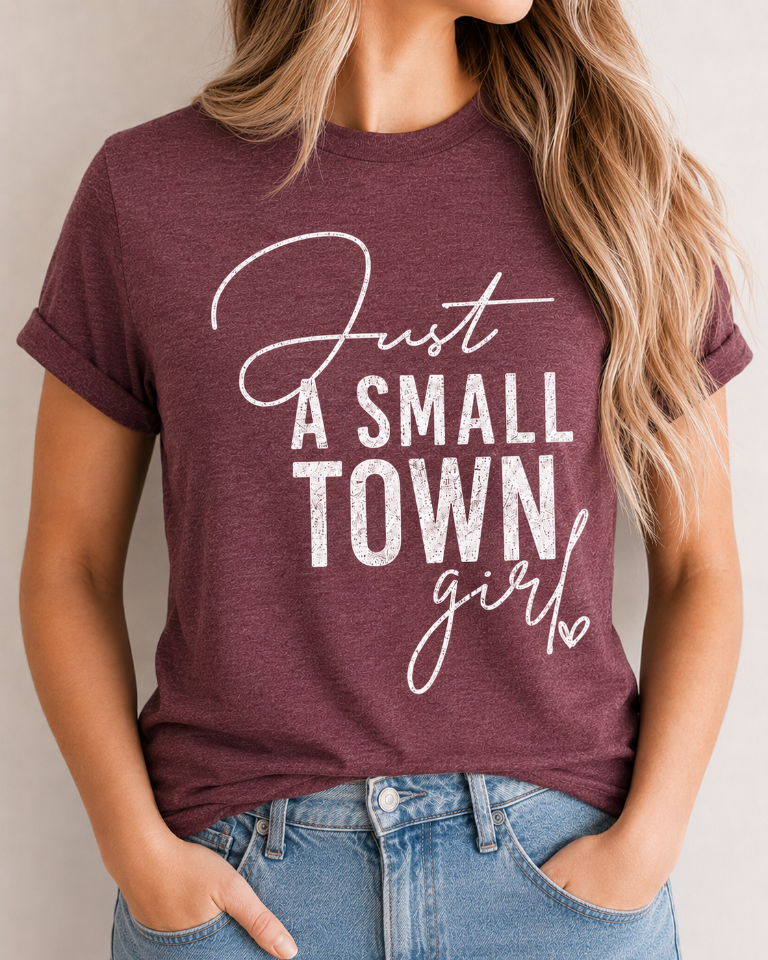 Just A Small Town Girl graphic T-shirt in Maroon Frost