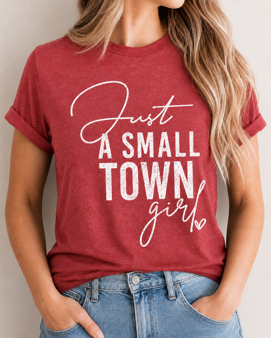 Just A Small Town Girl graphic T-shirt in Red Frost
