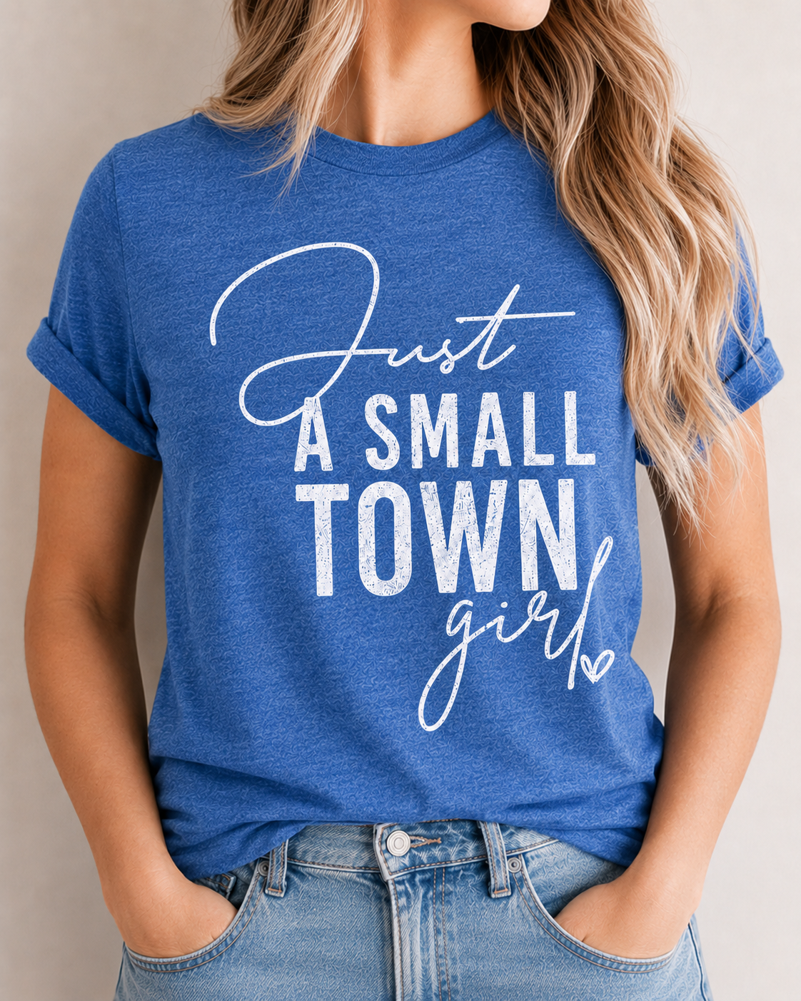 Just A Small Town Girl graphic T-shirt in Royal Frost
