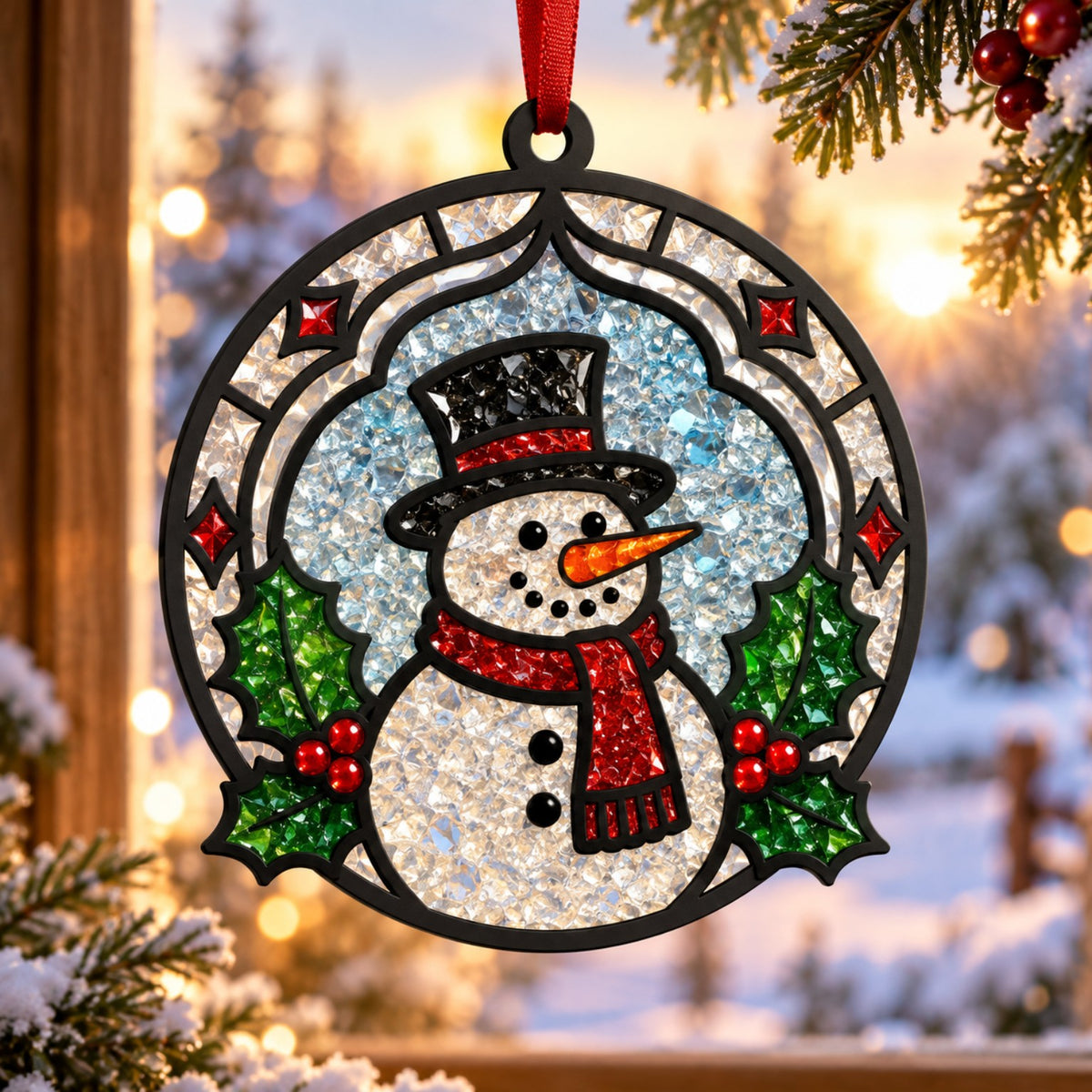 Snowman Holly crushed glass suncatcher