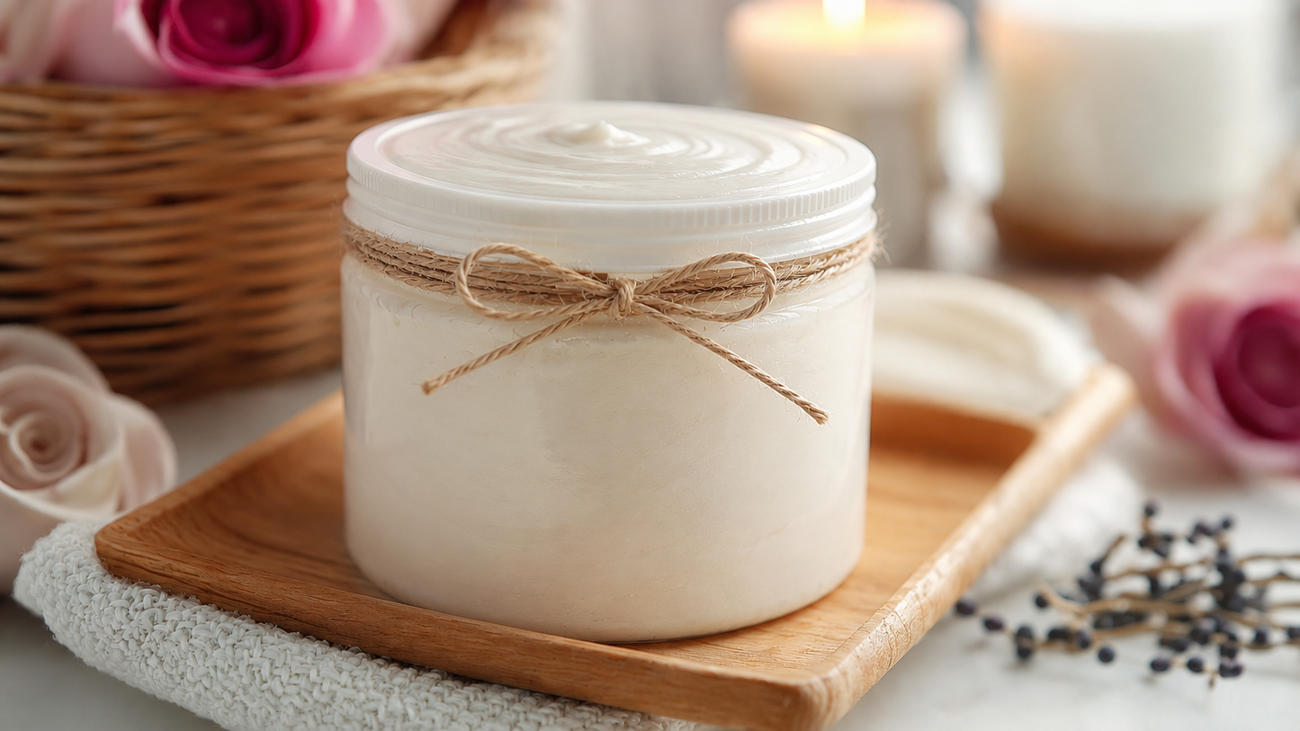 Handcrafted body butter in a relaxing spa setting