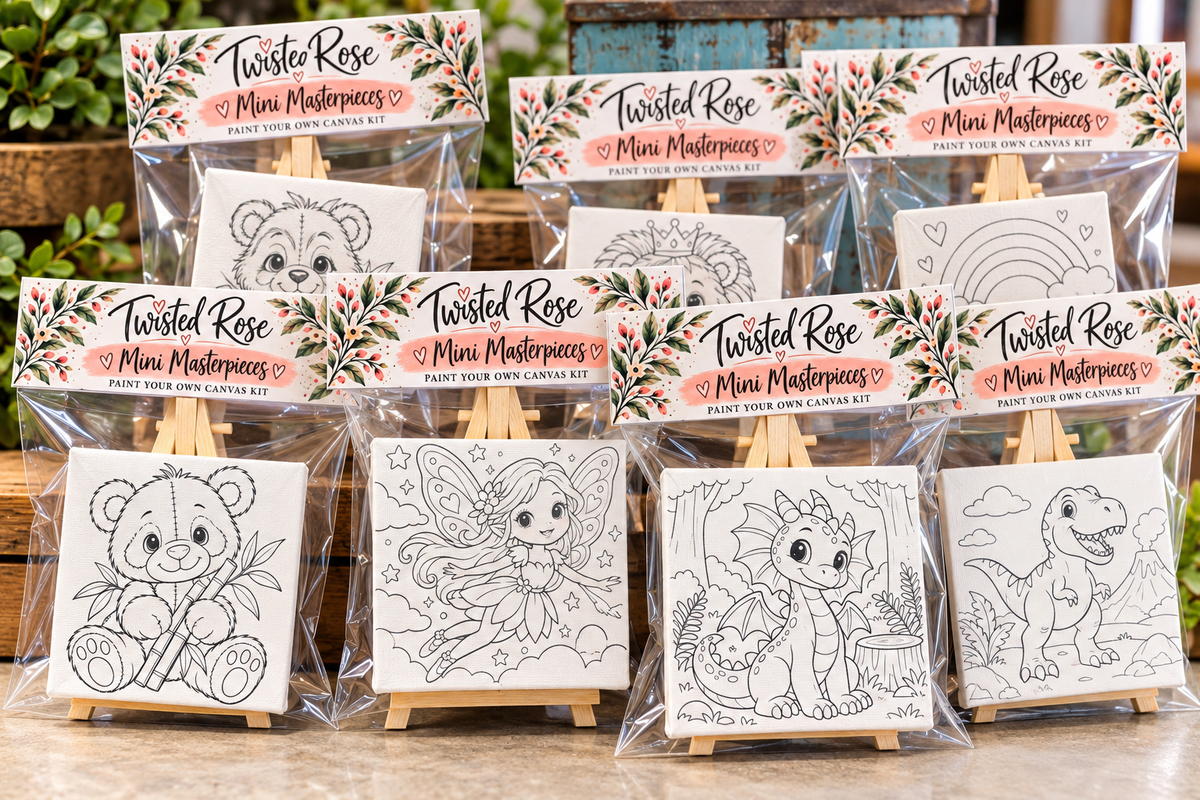 Twisted Rose Mini Masterpieces 4 inch canvas kits in packaged display
