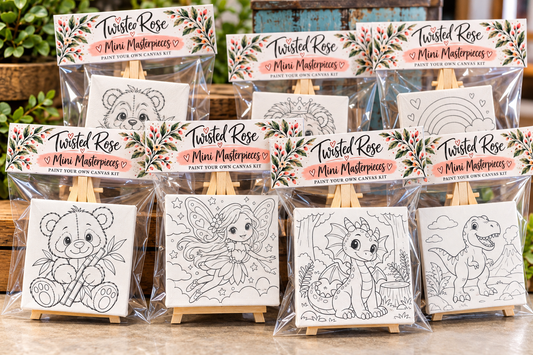 Twisted Rose Mini Masterpieces 4 inch canvas kits in packaged display