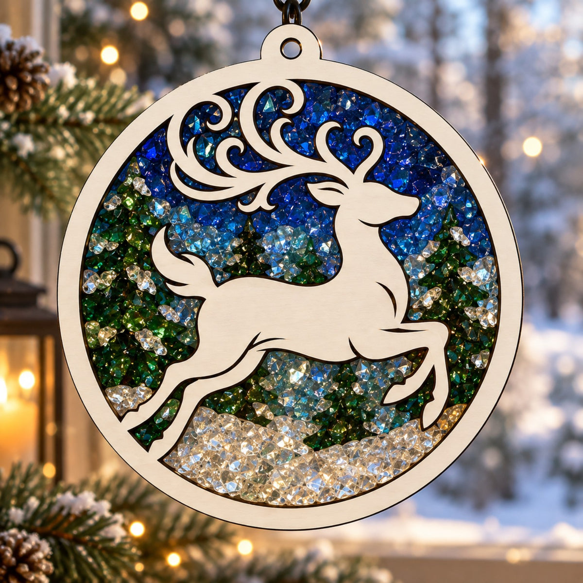 Winter Reindeer crushed glass suncatcher